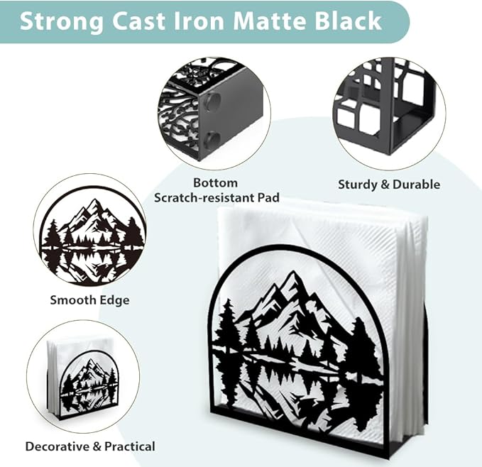 Mountain Forest Decorative Black Metal Napkin Holder for Table, 5.3" x 4.9" x 1.9" Mountain Tree Standing Napkin Holder for Home Kitchen Restaurant Picnic Party Coffee Bar Dining Room