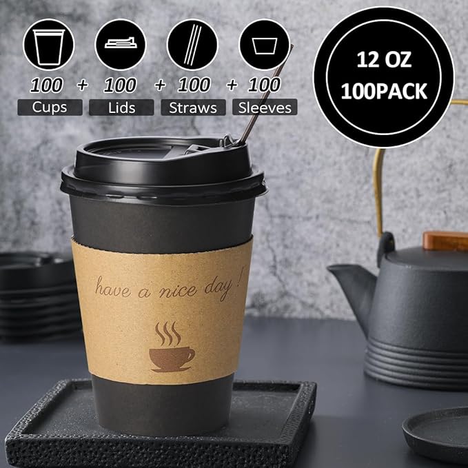 500 pack 12 oz Disposable Coffee Cups with Lids,To Go Coffee Cups for Home, Office, Cafes and Party (Black 12oz)