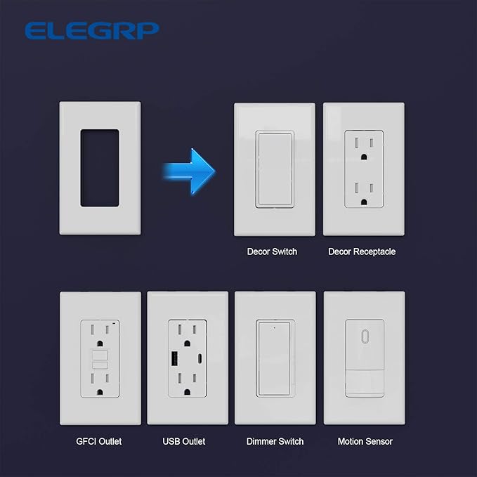 ELEGRP 1-Gang Screwless Decorator Wall Plates, Standard Size Unbreakable Thermoplastic Faceplate Cover for Decorator Receptacle Outlet Switch, UL Listed (10 Pack, Glossy White)