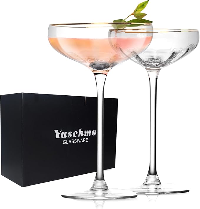 Vintage Martini Glasses Set of 2, Tall Stemmed Coupe Glasses, Gold Rim Cocktail Champagne Glasses, Perfect for Bar, Martinis, Margaritas, Parties, Ideal Gift Choice, 7.7oz Clear