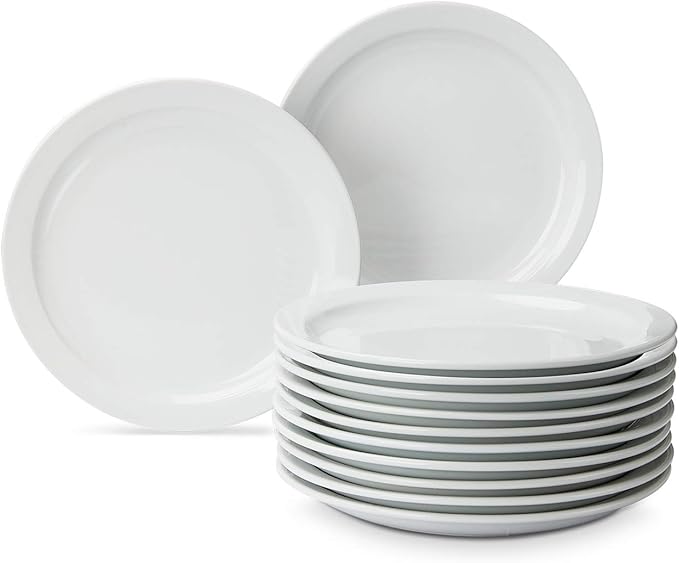 Amazon Basics 12-Piece Porcelain, 9 Inch Narrow Rim Dinner Plate Set, White
