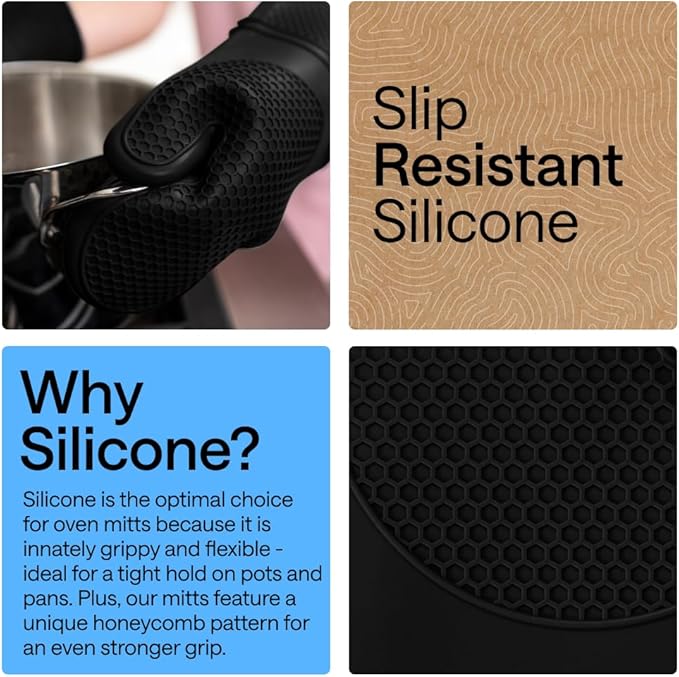 GORILLA GRIP BPA-Free Soft Silicone Oven Mitts, 14.5x8.3, Heat Resistant and Waterproof Cooking Gloves, Thick Cotton Lining, Flexible Gripping for Baking Grilling, Kitchen Potholders Set of 2, Black