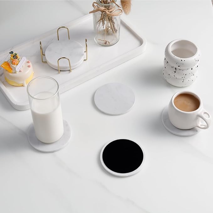 Carrara White Marble Coasters Set of 6 with Holder, Elegant Modern Round White Marble Drink Coasters for Coffee Table Decor, Semi Absorbent Stone Coaster for Drinks, Velvet Backed