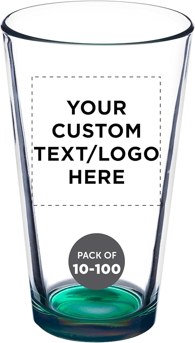 DISCOUNT PROMOS Custom Beer Pint Glasses 16 oz. Set of 10/50/100, Personalized Bulk Pack - Heavy Duty Glassware for Restaurant, Thick Base and Walls, Stackable - Green