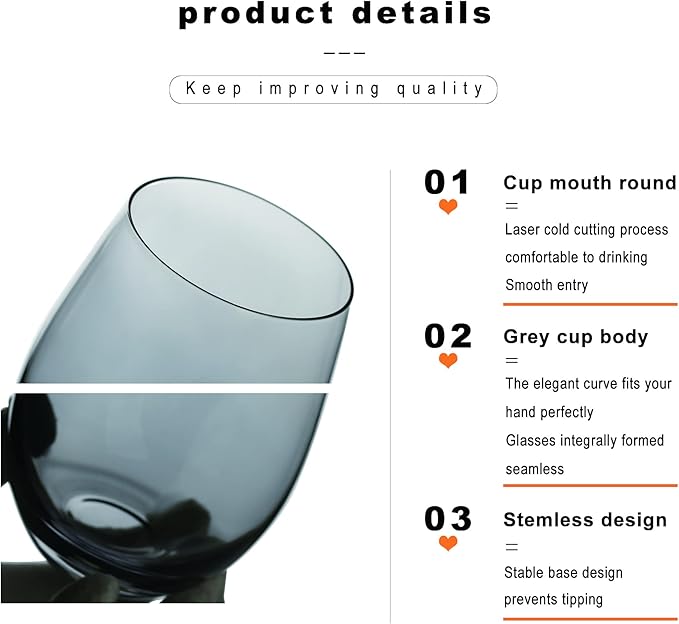 LUXU Wine Glasses Set of 4,20 oz Large Stemless Wine Glasses,Grey Juice Drinking Glasses,No Stem Glass Beverage Cups,All-Purpose Water Glasses for Ice Coffee,Tea,Red or White Wine