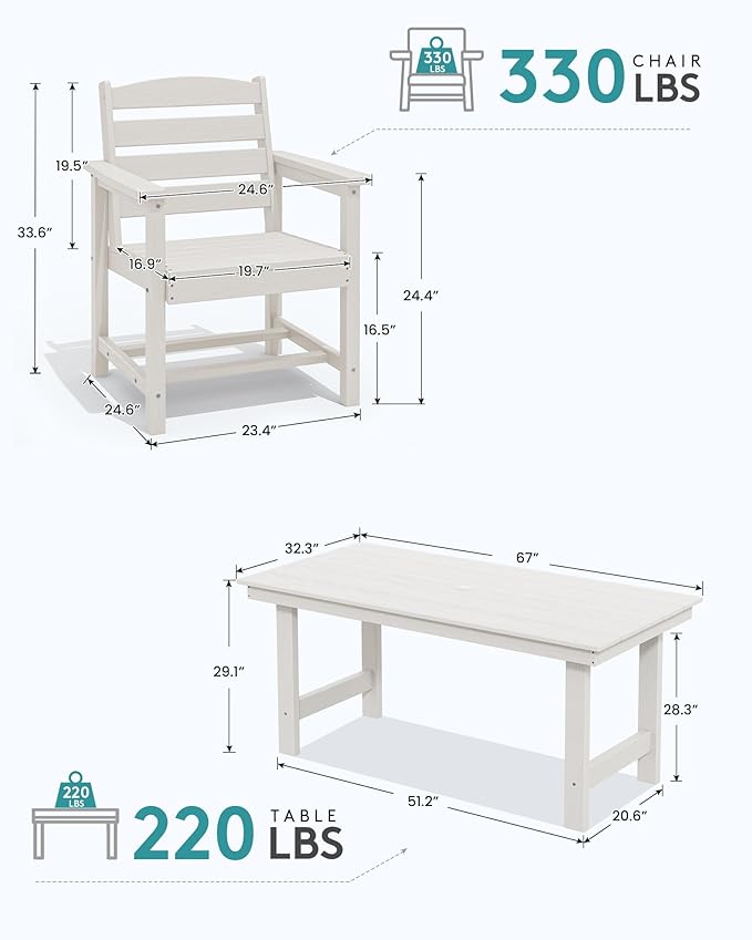 SERWALL Dining Table Chairs Set for 6，67" Extended Large Dining Table with 6 Chairs, 7 Piece HDPE Dining Set for Home, Kitchen, Dining Room, White