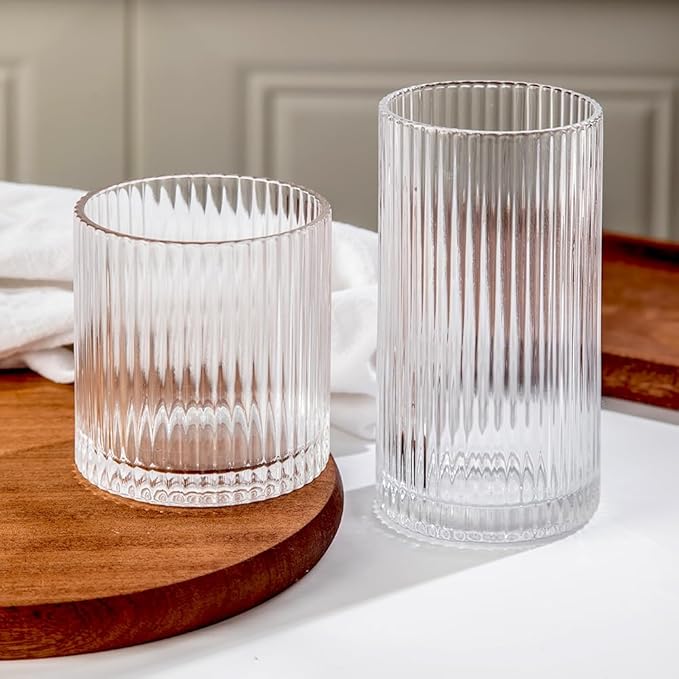 Ribbed Drinking Glasses 6pcs, 12oz and 10oz Glassware, Tumbler Glasses Cup Set for Wedding, Party, Christmas Gift, Clear