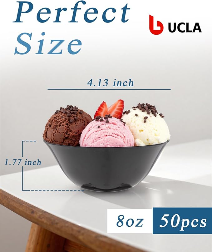 bUCLA 50Pack Black Plastic Small Bowls - 8oz Disposable Ice Cream/Salsa/Dipping/Dessert/Sauce/Candy/Small Serving Bowls for Party & New Year