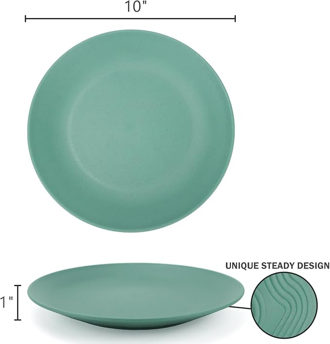 Homienly Flat Dinner Plates Set of 8 Alternative for Plastic Plates Microwave and Dishwasher Safe Wheat Straw Plates for Kitchen Unbreakable Kids Plates(Green, 10 inch), MS 01