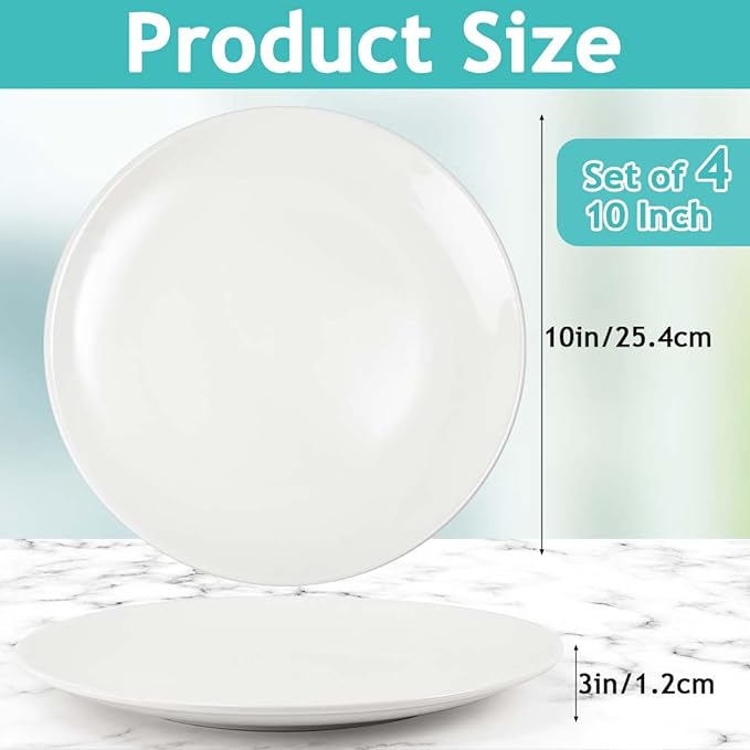 Porcelain Dessert Plates Set of 4, 10 Inch White Dinner Plates, Round Appetizer Plates, Ceramic Salad Plate for Everyday Kitchen Use, Microwave & Dishwasher Safe
