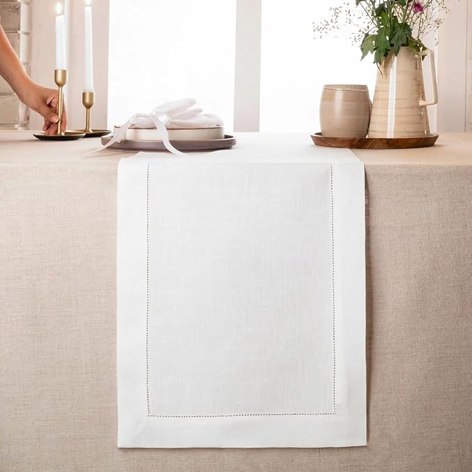D'Moksha Homes Linen White Table Runner 108 Inches Long - 100% Pure Linen 14 x 108 Inch Table Runner for Valentines, Spring, Easter - Classic Hemstitch
