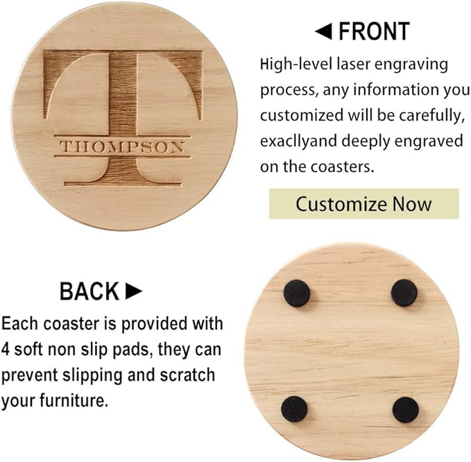 Personalized Monogram Coasters, Custom Engraved - Wooden Drink Coasters, Set of 4 - Great Gifts