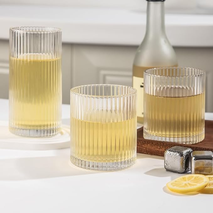 Ribbed Drinking Glasses 4pcs, 12oz and 10oz Glassware, Tumbler Glasses Cup Set for Wedding, Party, Christmas Gift, Clear