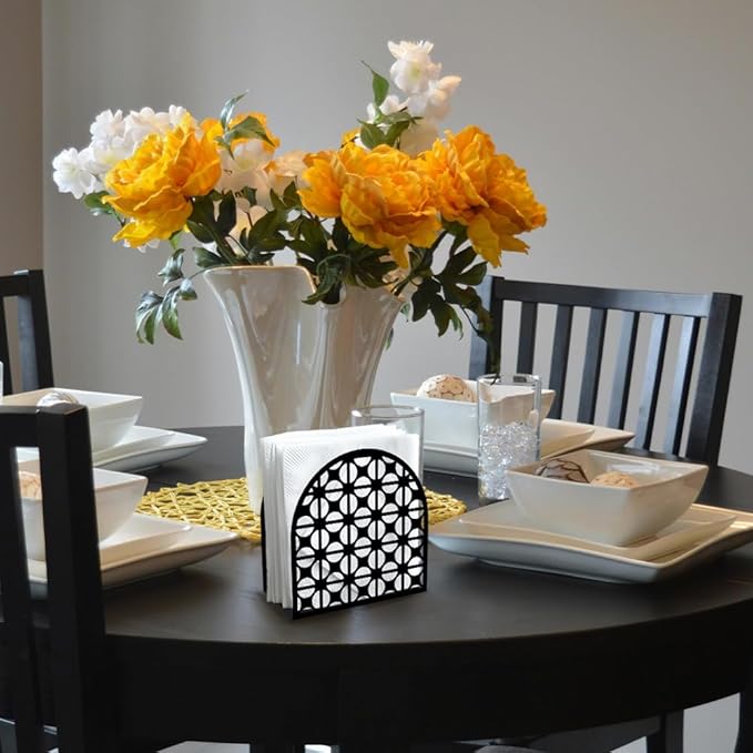 Modern Geometric Round Decorative Black Metal Napkin Holder for Table, 4.9" x 4.9" x 1.9" Standing Napkin Holder for Home Kitchen Restaurant Picnic Party Coffee Bar Dining Room
