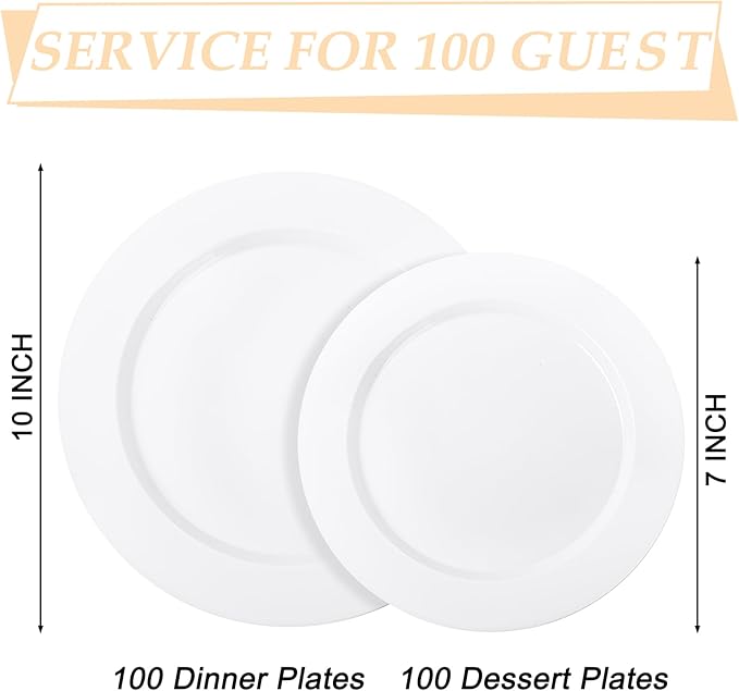 FLOWERCAT 200PCS White Plastic Plates Disposable Plates for Party - Heavy Duty Plastic Plates - 100 10" Dinner Plates and 100 7" Salad Plates for Wedding & New Year Parties and Events