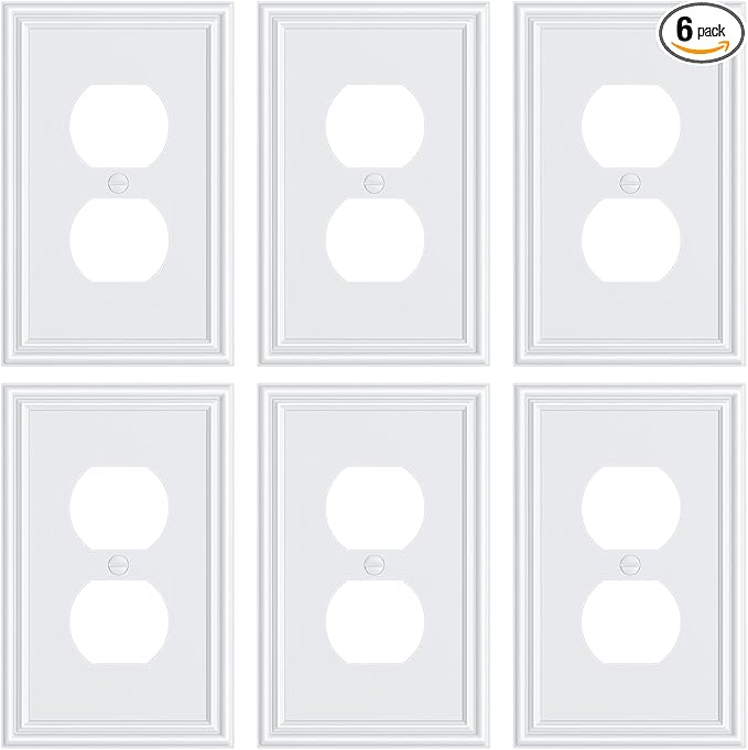 6-Pack Single Duplex Outlet Cover Plate, Decorative White Switch Plates and Outlet Covers, Metal Wall Plates for Electrical Outlets, 1 Gang Receptacle Cover, Corrosion Resistant
