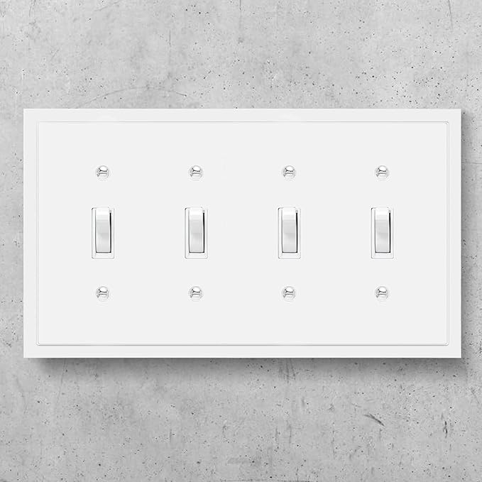 Henne Bery Modern Edge Decorative Wall Plate Switch Plate Outlet Cover, Durable Solid Zinc Alloy (Quad Toggle, White)