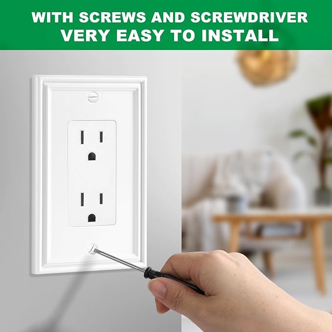 White Modern Decorative Wall Plate Light Switch Cover Decorator Outlet Covers Rocker Switch Plates Bamboo Fiber Material Wall Plates for Kitchen Bathroom (1 Gang Single Decorator-4 Pack)