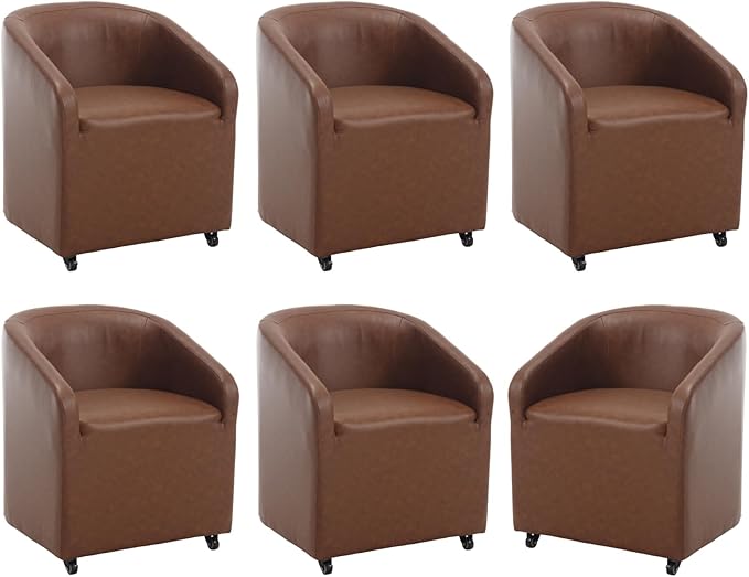 Modern Barrel Dining Chairs with Rolling Casters Set of 6, Upholstered PU Leather Swivel Dining Room Chairs with Wheels for Kitchen Living Room Home Office, Brown