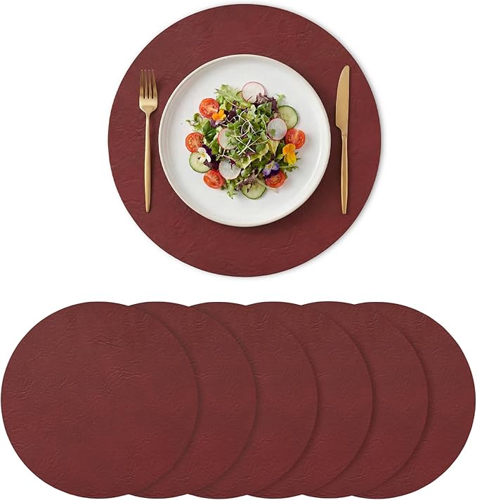 Artoid Mode Red Faux Leather Placemats Set of 6, 15 Inch Waterproof Wipeable Heat Resistant Vinyl Place Mats, Reversible Table Mats for Christmas Kitchen Dining Decor