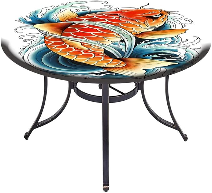 Elastic Tablecloth, Koi Fish Decorative Fabric Table Cover for, Tattoo Style Japanese Wave, Fit Round Tables 48inch Diameter, for Indoor Outdoor Fits, Multicolor