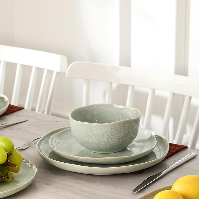 Stone Lain Mirella 24-Piece Dinnerware Set Stoneware, Plates and Bowls set, Microwave and Dishwasher Safe, Dish Set for 8, Light Green