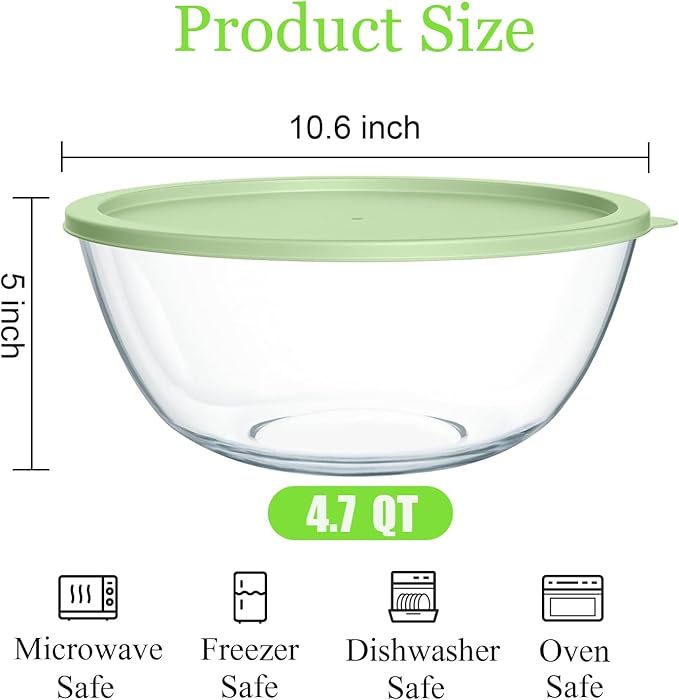 4.7 Qt Extra Large Glass Mixing Bowls, Clear Glass Bowl with Lid, Big Salad Bowl for Salad Fruit Bread Storage