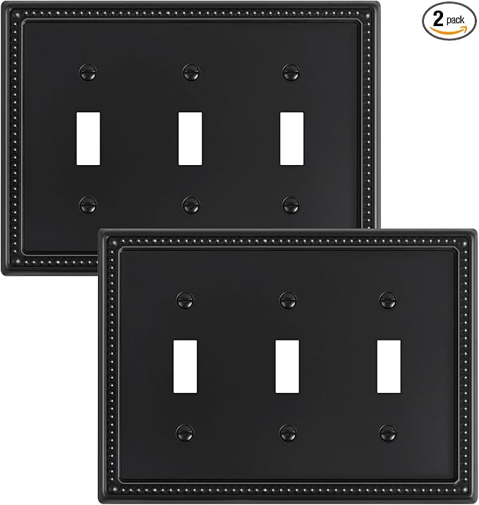 2-Pack Triple Toggle Light Switch Cover Plate, Pearls Decorative Switch Plate Covers, Black 3 Gang Metal Wall Plate, Corrosion Resistant