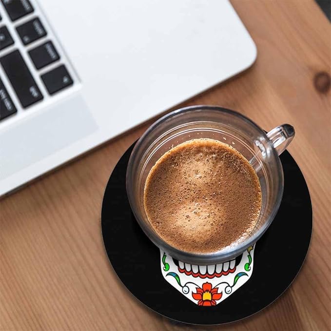 Sugar Skull Round Coaster for Home Coffee Table Human Head Mexican Spooky Skeleton Horror Bone Death Farmhouse Drink Coasters 100% Diatomite 4''X 4''X 0.35'' Printed Pattern