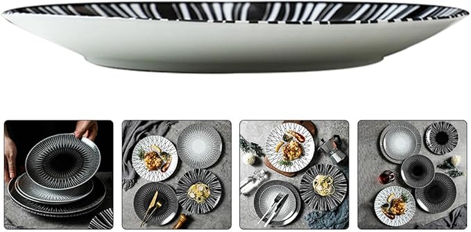 Cabilock 10-inch Dinner Plate and Dessert Dish Ceramic Pasta Serving Plate with Dark Striped Pattern for Home and Restaurant Use