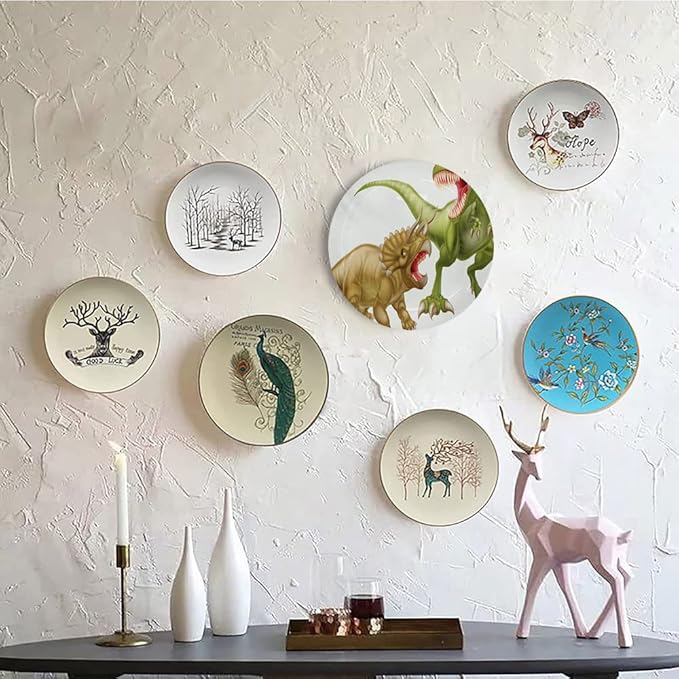 Decorative Plates, Dinosaur Print Ornament, Rex Versus Triceratops Scaring Each Other, 7 Inch, 1 Plate with 1 Display Stand, Green Pink Pale Brown