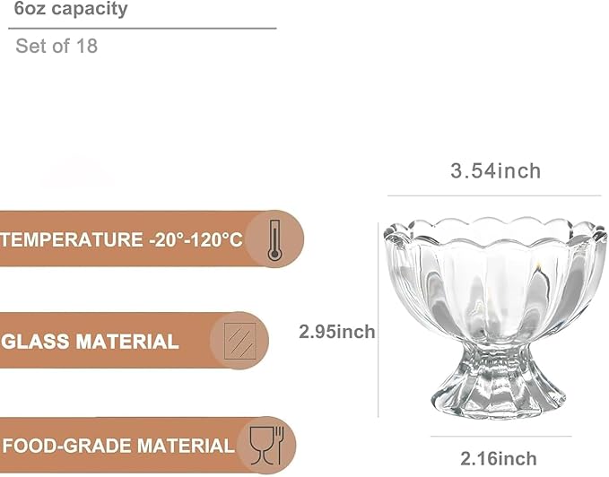 Iced Cream Dessert Bowl，Set of 18，6oz Vintage Glass ware with Heavy Base, Drinking Cup for Sundae, Fruit, Ice Cream, Snack, Condiment (18)
