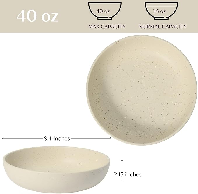 Ceramic Pasta Bowls Set of 4 – 40oz Extra Large Dinner Bowls, Deep Plates Salad Bowl for Eating, Pasta Plates, Stoneware Shallow Bowl Plate Set, Dishwasher & Microwave Safe - Beige
