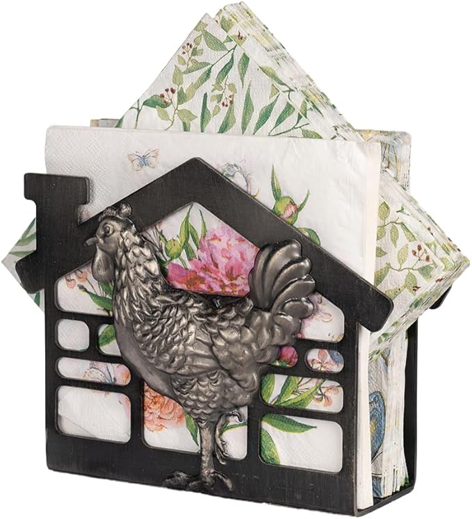 Metal Napkin Holder for Table, Antique Rooster Decorative Farm Style, Rustic Vertical Tissue Paper Napkins Holder for Paper Napkins (Rooster/Black)