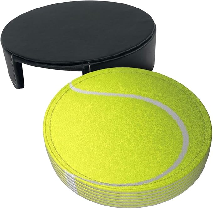 Tennis Ball Coasters for Drinks with Holder Round Leather Coasters Set of 6 Cups Mugs Mat Pad for Home Kitchen Bar