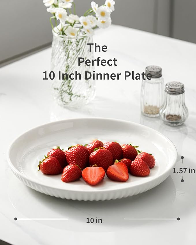 Hasense Dinner Plate Set of 4, 10 Inch Porcelain Plates for Kitchen, Large Salad Plates for Lunch, Dinnerware Dish for Restaurant, Home, Microwave Safe Plates for Wedding & Housewarming Gift, White
