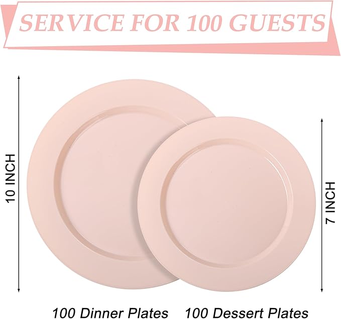 FLOWERCAT 200PCS Pink Plastic Plates Disposable Plates for Party - Heavy Duty Plastic Plates - 100 10" Pink Dinner Plates and 100 7" Pink Salad Plates for Weddings, Easter Parties,Mother's Day