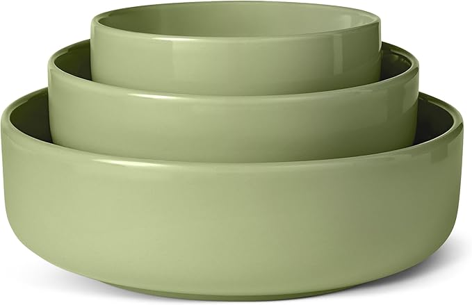 Amazon Basics Glazed Stoneware Serving Bowls, 3-Piece Set, Dishwasher-Safe, Olive