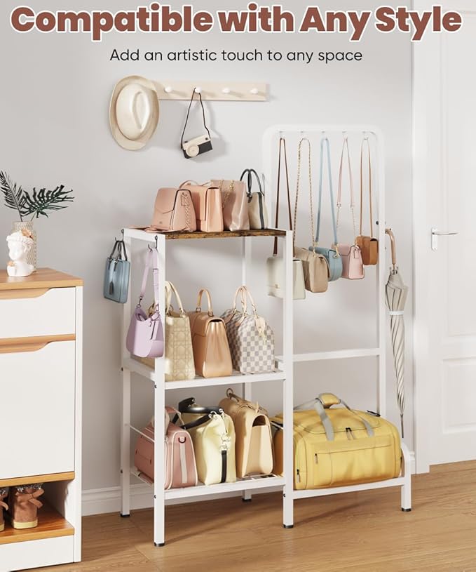 Floor-Standing 3-Tier Purse Organizer, High-Capacity Bag Holder with 8 Hooks, Multi-Functional Purse Rack for Various Bags, Handbag Display Stand Shelf for Closet, Bedroom, Entryway, White