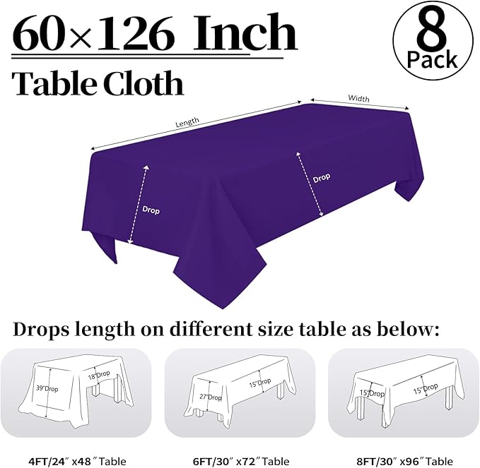 8 Pack Purple Tablecloth 60 x 126 Inch Rectangular Table Cloth for 8 Foot Rectangle Tables, Wrinkle Resistant Washable Rectangle Fabric Table Covers for Wedding Party Banquet Buffet and Camping
