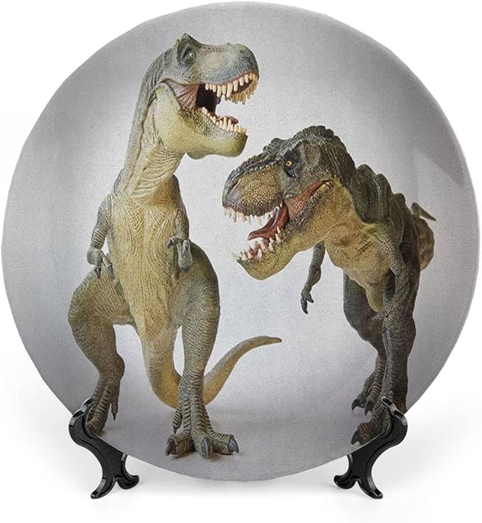Ceramic Display Plate, Dinosaur Ceramic Hanging Decorative Plate, Tyrannosaurus Rex Pair Facing Off Ferocious Creatures, 7 Inch, Living Room Kitchen Decoration Household, Ivory Brown Grey