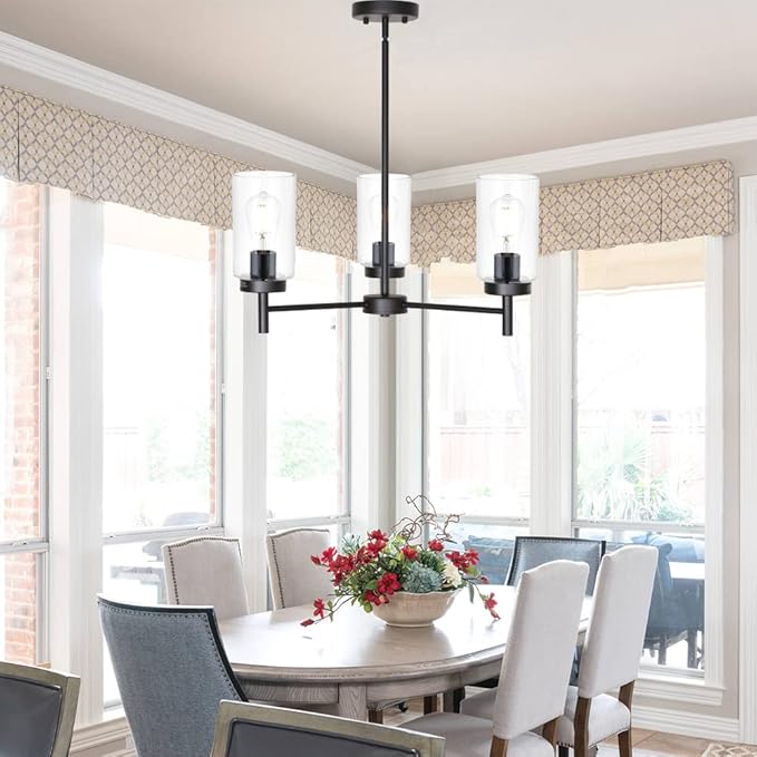 VINLUZ Farmhouse Chandeliers Black 3 Lights with Clear Glass Shades Modern Industrial Pendant Light Dining Room Lighting Fixtures Hanging Adjustable Wire Semi Flush Ceiling Lights