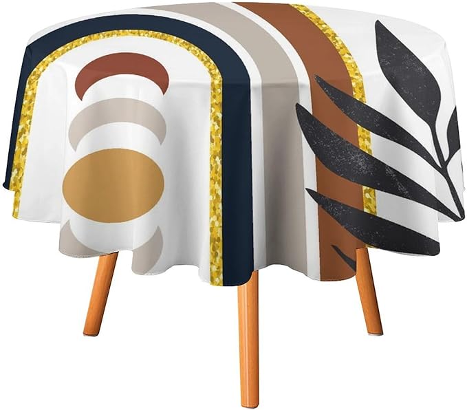Mid Century Boho Round Tablecloth, Modern Abstract Sun Moon Bohemian Leaves Tablecloth for Home Party Dining Room Kitchen Decor 36Inch(90cm)