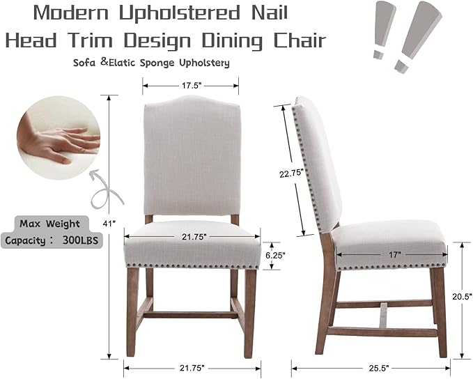 CIMOTA Mid Century Modern Dining Chairs Set of 4, Farmhouse Upholstered Dining Room Chairs Comfortable Kitchen Side Chairs with High Back/Natural Solid Wood Frame, Linen Beige