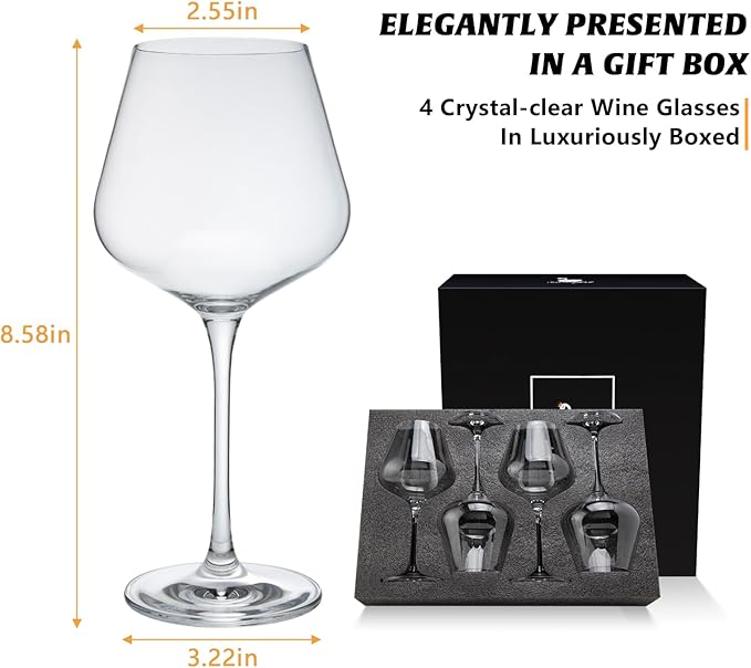 Crystal Red Wine Glasses Set of 4 – 16 oz Elegant Long Stem Wine Glasses in Gift Box, Premium Glassware for Wedding, Anniversary, Birthday Gifts