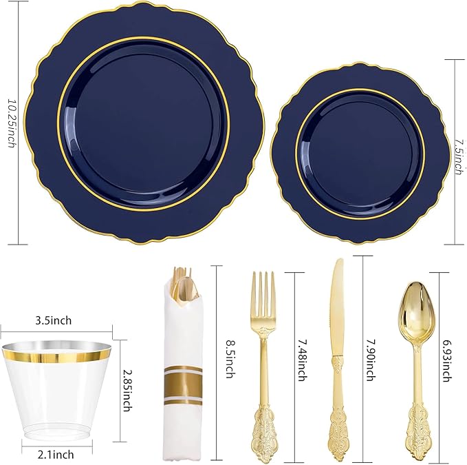 Liacere 350PCS Navy Blue Plastic Plates-Disposable Blue Gold Plates 50guest Plastic Dinnerware include 100Plates,50Pack Pre Rolled Napkins with Silverware 50Cups for Martin Luther King Jr