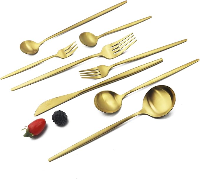 JASHII 32-Piece Tableware Set Stainless Steel Flatware Set with Coffee Spoon Long Handle Spoon Premium Cutlery Service for 4 Satin Finish Utensils for Home (Gold)