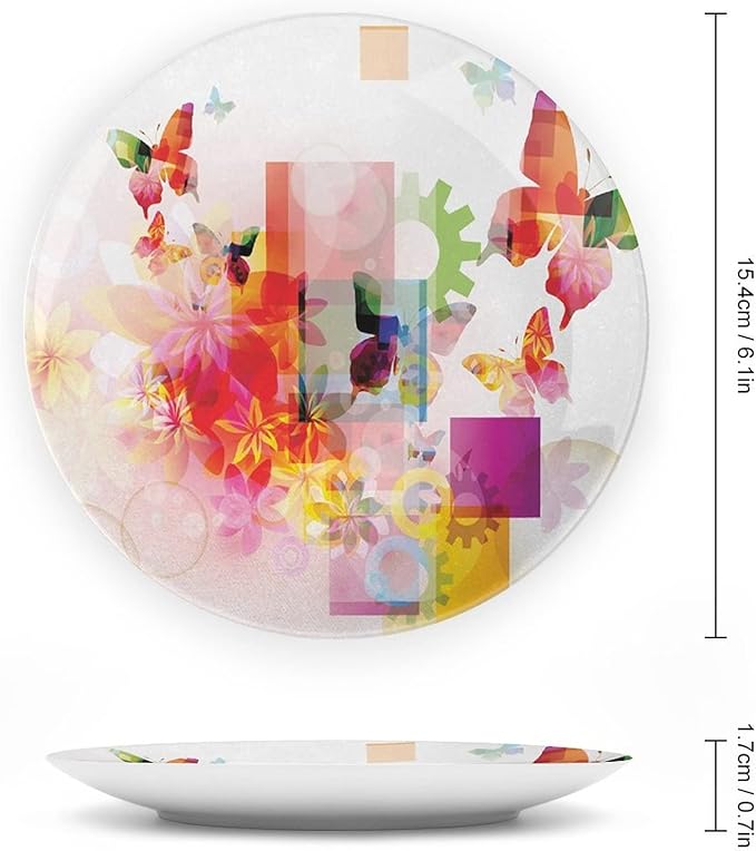 Ceramic Display Plate, Abstract Ceramic Hanging Decorative Plate, Natural Design Flowers Leaves Squares Rounds, 8 Inch, Household Custom Ceramic Plate, Multicolor