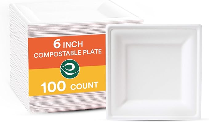 ECO SOUL Compostable Square Paper Plates 6 Inch (100 Count) Small Plates for Dessert, Heavy Duty, Eco-Friendly Sugarcane Bagasse For Appetizer- White