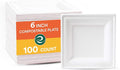 ECO SOUL Compostable Square Paper Plates 6 Inch (100 Count) Small Plates for Dessert, Heavy Duty, Eco-Friendly Sugarcane Bagasse For Appetizer- White